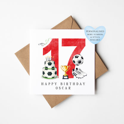 17th Birthday Card personalised football footy themed RED bday card number 17 with Envelope