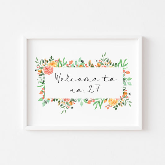 Welcome to no. house number personalised red and yellow watercolour unframed wall art poster print