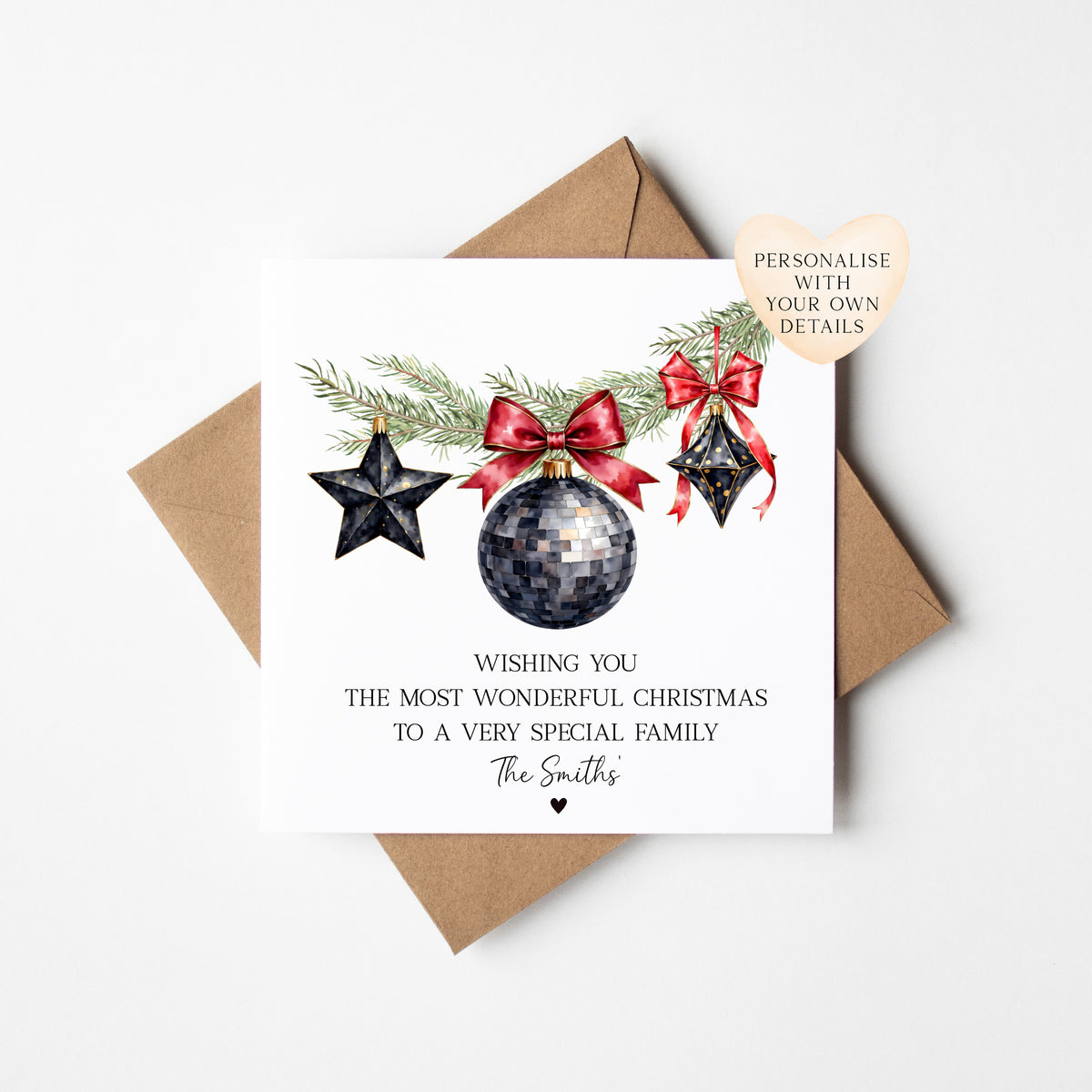Christmas Card Festive Bauble decorations red black & green personalised with names