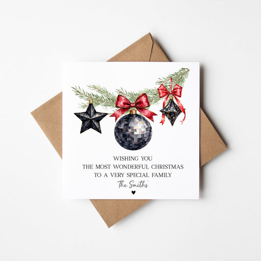 Christmas Card Festive Bauble decorations red black & green personalised with names