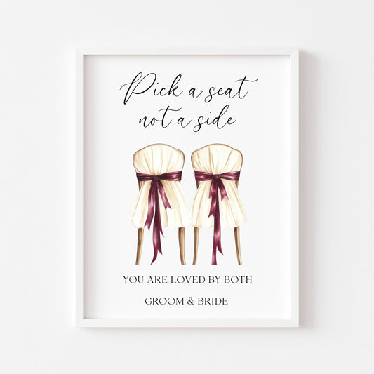 Pick a seat not a side wedding sign Red & Cream chairs Botanical unframed print
