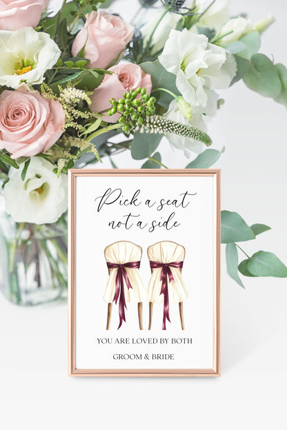Pick a seat not a side wedding sign Red & Cream chairs Botanical unframed print