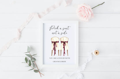 Pick a seat not a side wedding sign Red & Cream chairs Botanical unframed print