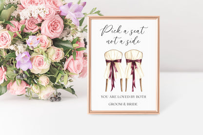 Pick a seat not a side wedding sign Red & Cream chairs Botanical unframed print