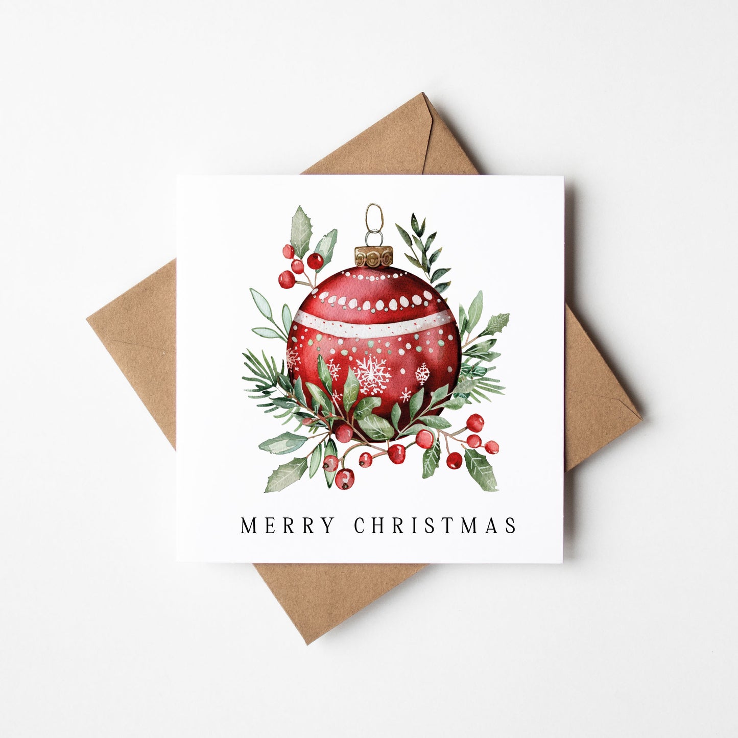 Festive Christmas Cards Red, Green & white floral decorations - Pack of 4, Kraft Envelopes