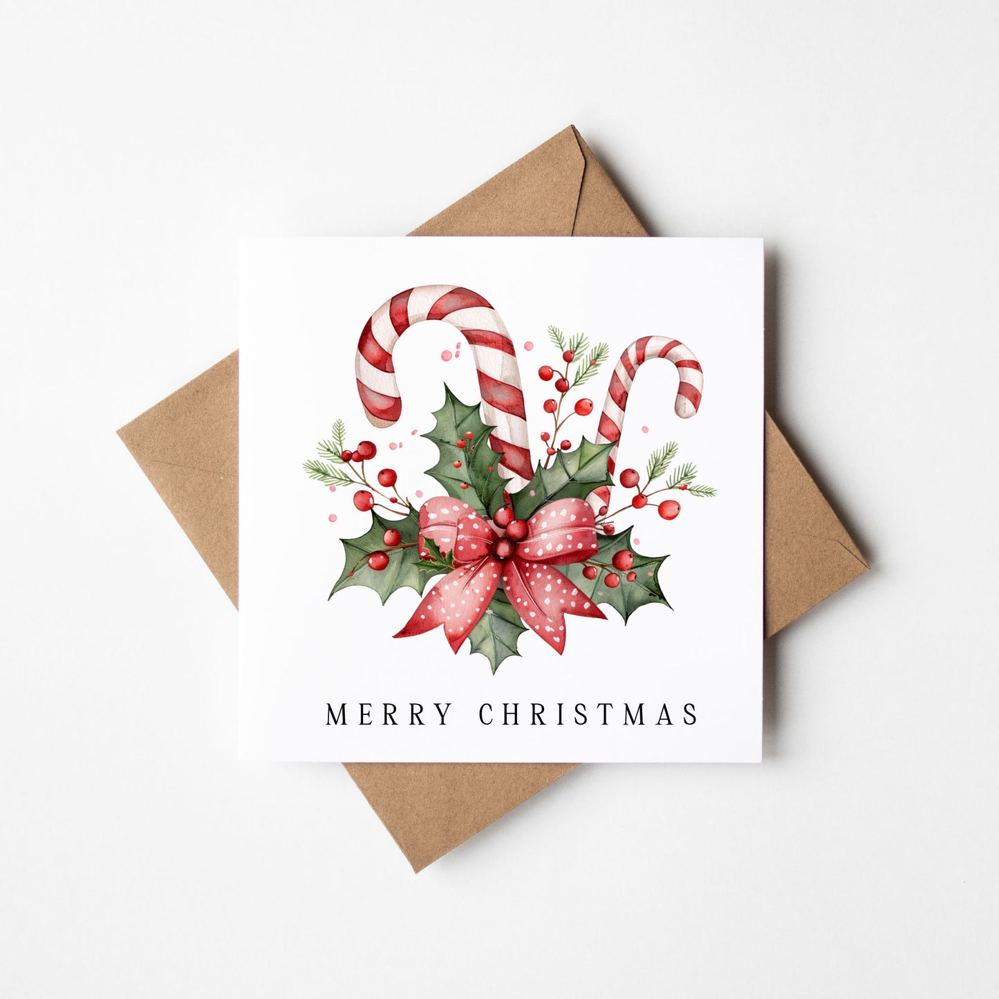Festive Christmas Cards Red, Green & white floral decorations - Pack of 4, Kraft Envelopes