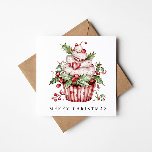 Christmas Card watercolour festive cupcake decoration red & green with envelope