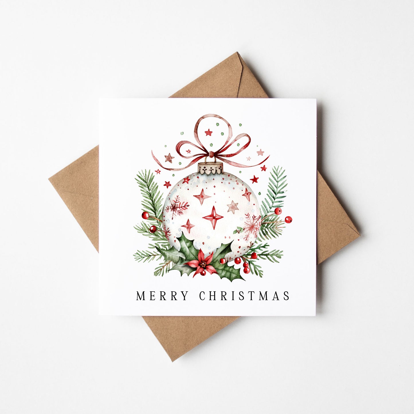 Festive Christmas Cards Red, Green & white floral decorations - Pack of 4, Kraft Envelopes