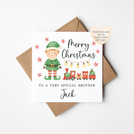 Personalised Boys Christmas Card, Elf and Train Red & Green Holiday Card for Toddler, Custom