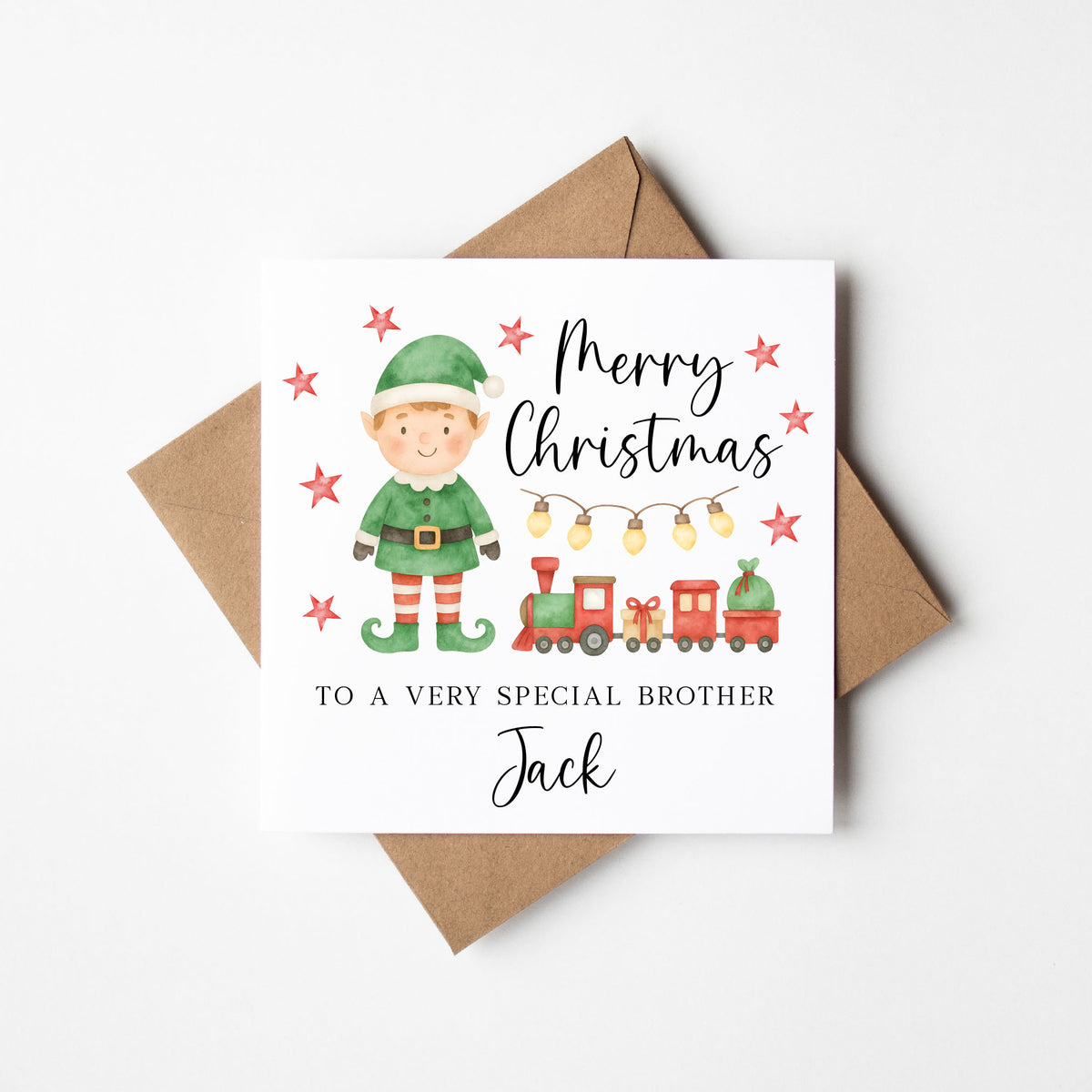 Personalised Boys Christmas Card, Elf and Train Red & Green Holiday Card for Toddler, Custom
