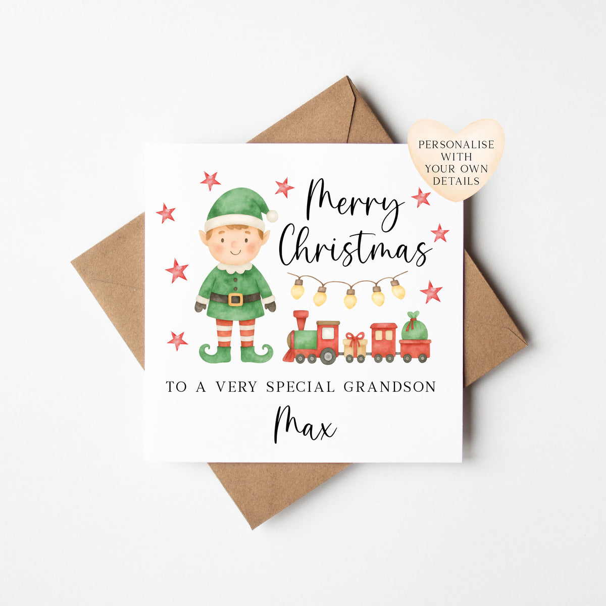 Personalised Boys Christmas Card, Elf and Train Red & Green Holiday Card for Toddler, Custom