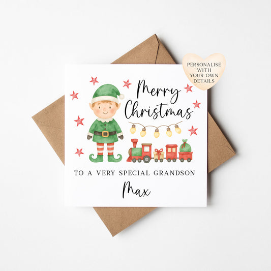 Personalised Boys Christmas Card, Elf and Train Red & Green Holiday Card for Toddler, Custom