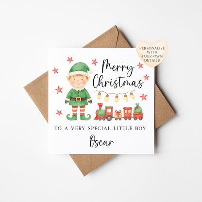 Personalised Boys Christmas Card, Elf and Train Red & Green Holiday Card for Toddler, Custom