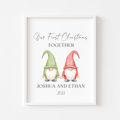 Personalised Our first Christmas together watercolour green and red gnome gonks seasonal unframed wall art poster print