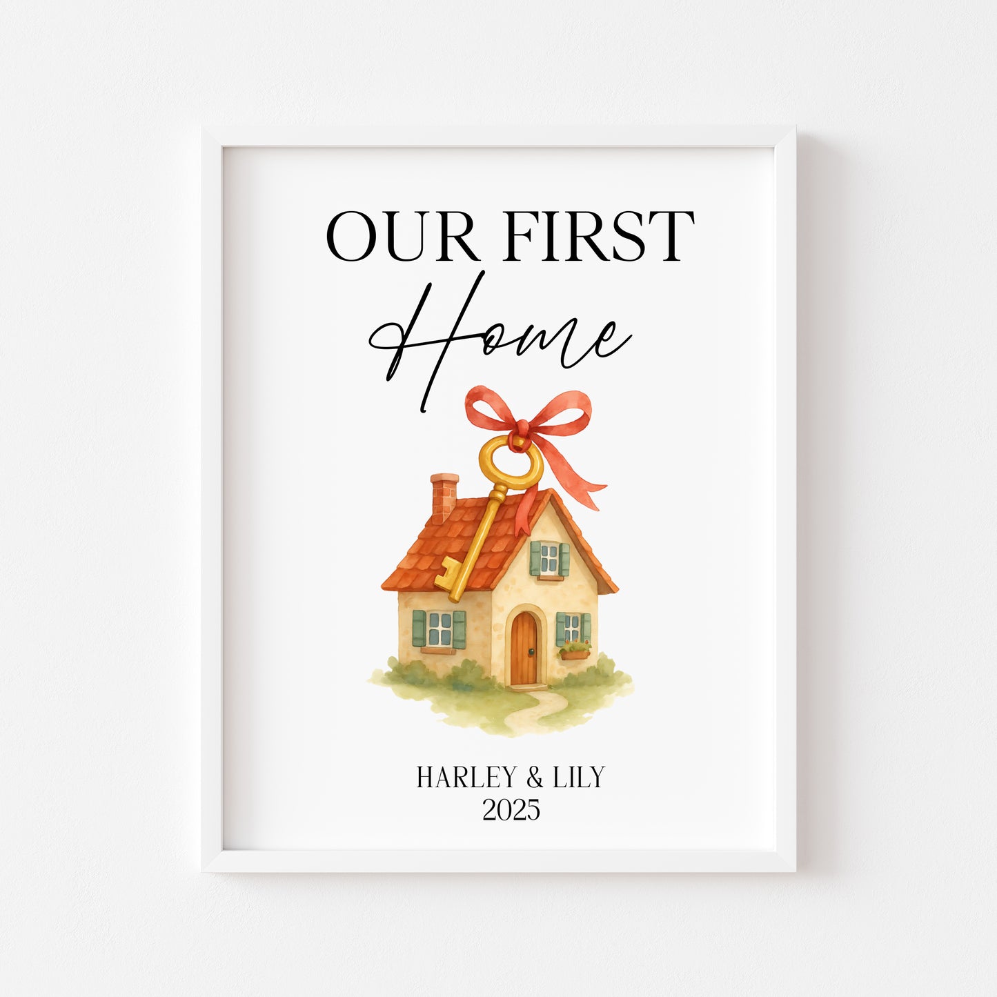 Personalised First / New Home Print red ribbon key New House Gift, Wall Art (unframed)