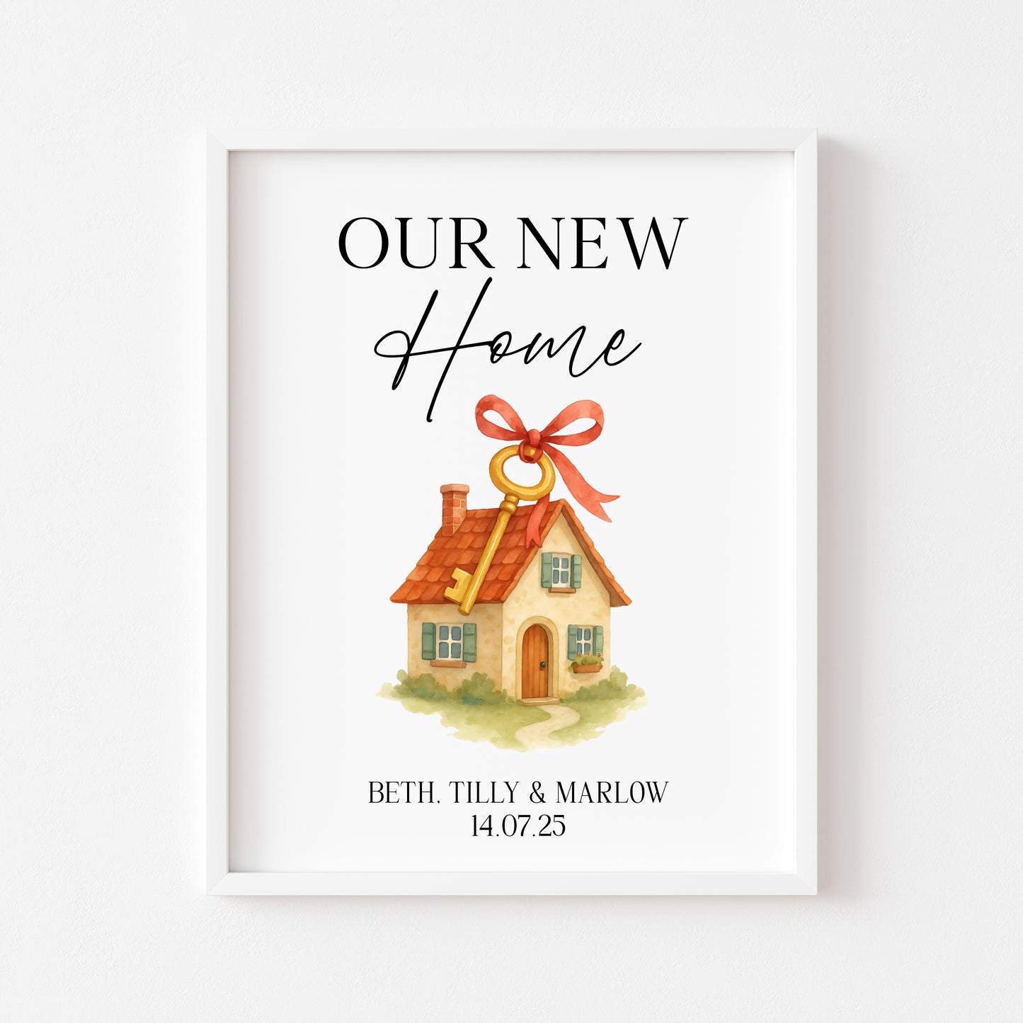Personalised First / New Home Print red ribbon key New House Gift, Wall Art (unframed)