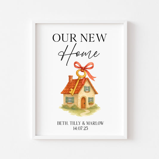 Personalised First / New Home Print red ribbon key New House Gift, Wall Art (unframed)