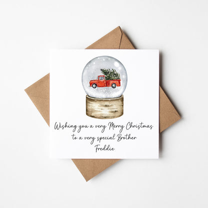 Christmas Card personalised Red Car Snow globe festive seasonal card with envelope
