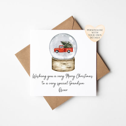 Christmas Card personalised Red Car Snow globe festive seasonal card with envelope