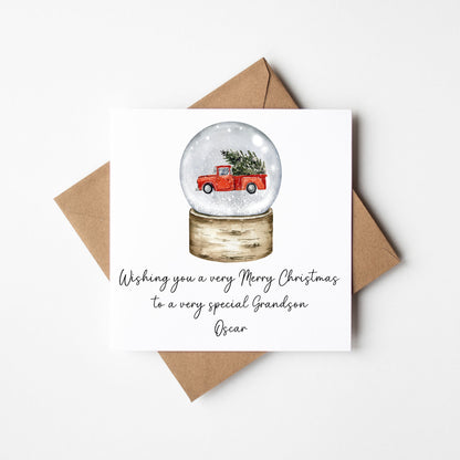 Christmas Card personalised Red Car Snow globe festive seasonal card with envelope