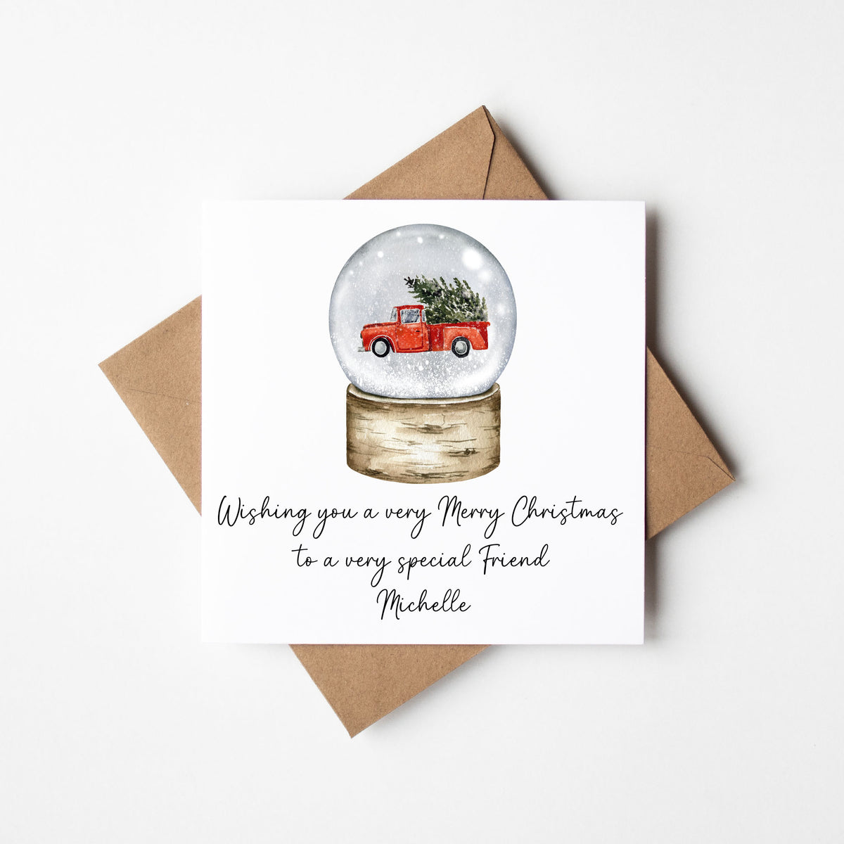 Christmas Card personalised Red Car Snow globe festive seasonal card with envelope