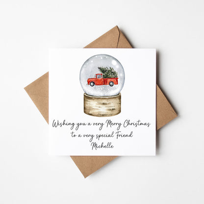 Christmas Card personalised Red Car Snow globe festive seasonal card with envelope