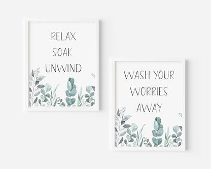 Set of 2 bathroom prints, Relax soak unwind wash your worries away plant eucalyptus borderless unframed wall art poster prints