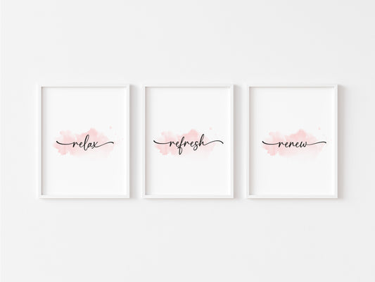 Set of 3 bathroom prints swirly pink watercolour relax refresh renew set wall art poster unframed prints