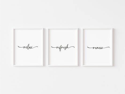 Set of 3 bathroom prints swirly relax refresh renew set wall art poster unframed prints