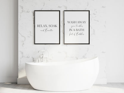 Set of 2 bathroom prints, relax soak & breathe, bath full of bubbles bathroom washroom toilet en suite unframed wall art poster prints