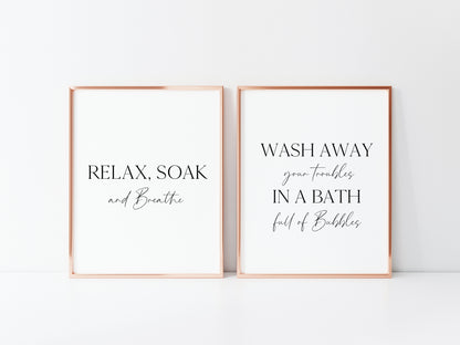 Set of 2 bathroom prints, relax soak & breathe, bath full of bubbles bathroom washroom toilet en suite unframed wall art poster prints