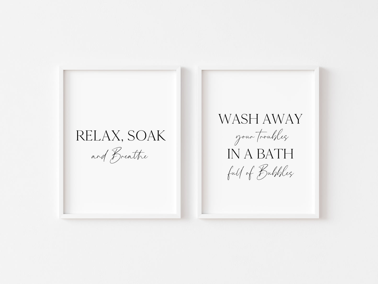 Set of 2 bathroom prints, relax soak & breathe, bath full of bubbles bathroom washroom toilet en suite unframed wall art poster prints