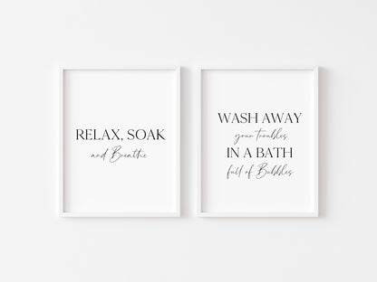 Set of 2 bathroom prints, relax soak & breathe, bath full of bubbles bathroom washroom toilet en suite unframed wall art poster prints