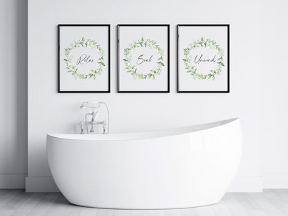 Set of 3 bathroom prints relax soak unwind eucalyptus plant wreath set wall art poster unframed prints