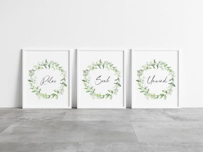 Set of 3 bathroom prints relax soak unwind eucalyptus plant wreath set wall art poster unframed prints
