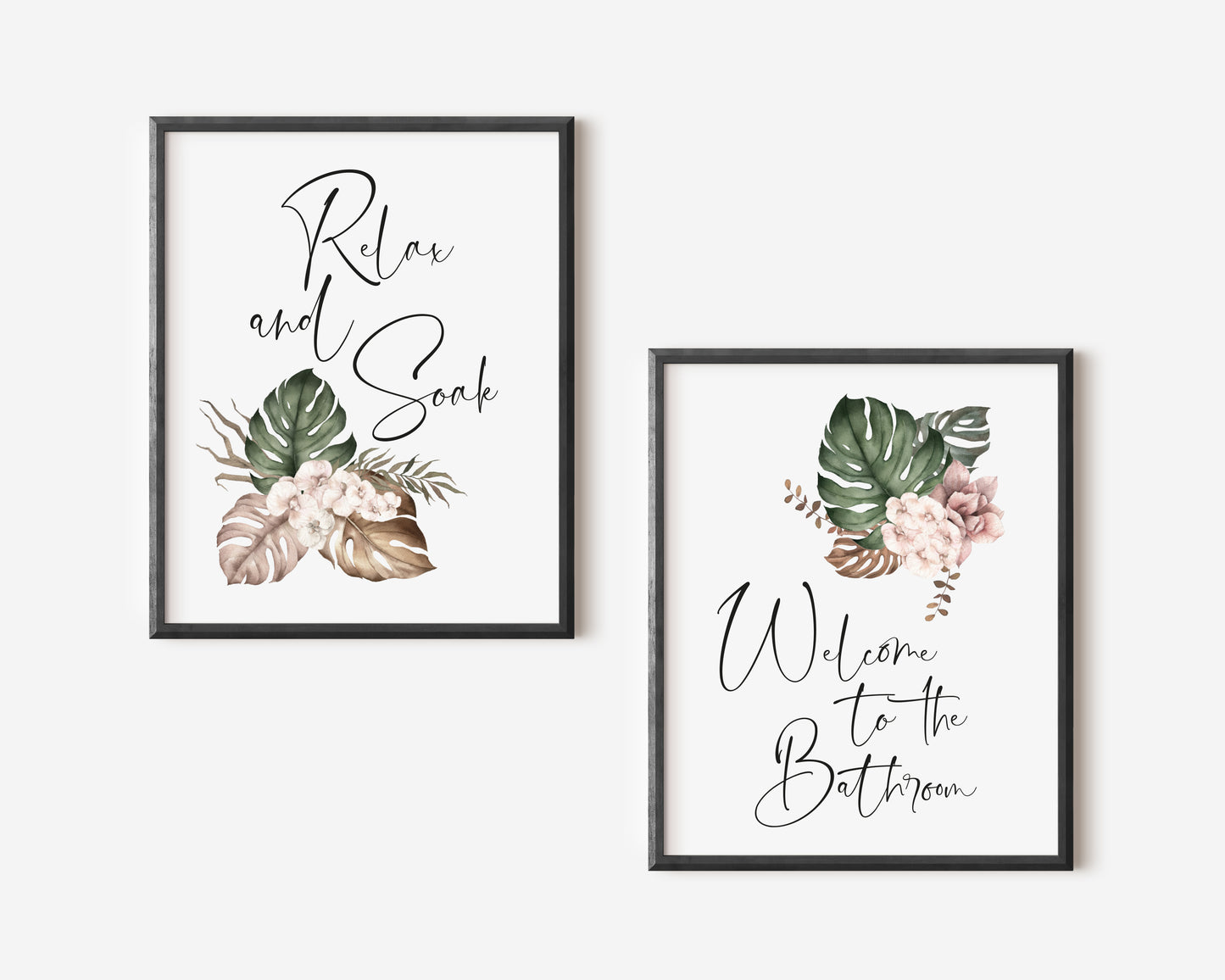 Set of 2 bathroom prints, relax and soak welcome to the bathroom boho bouquet unframed wall art poster prints