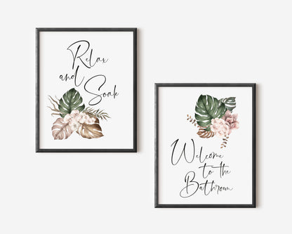 Set of 2 bathroom prints, relax and soak welcome to the bathroom boho bouquet unframed wall art poster prints