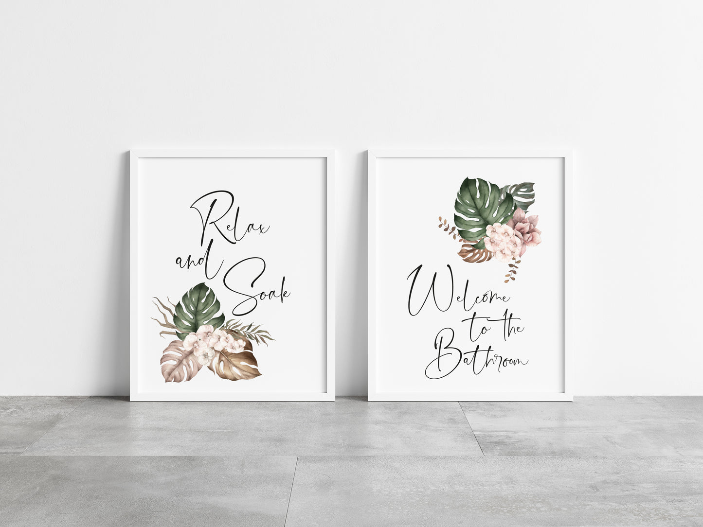 Set of 2 bathroom prints, relax and soak welcome to the bathroom boho bouquet unframed wall art poster prints