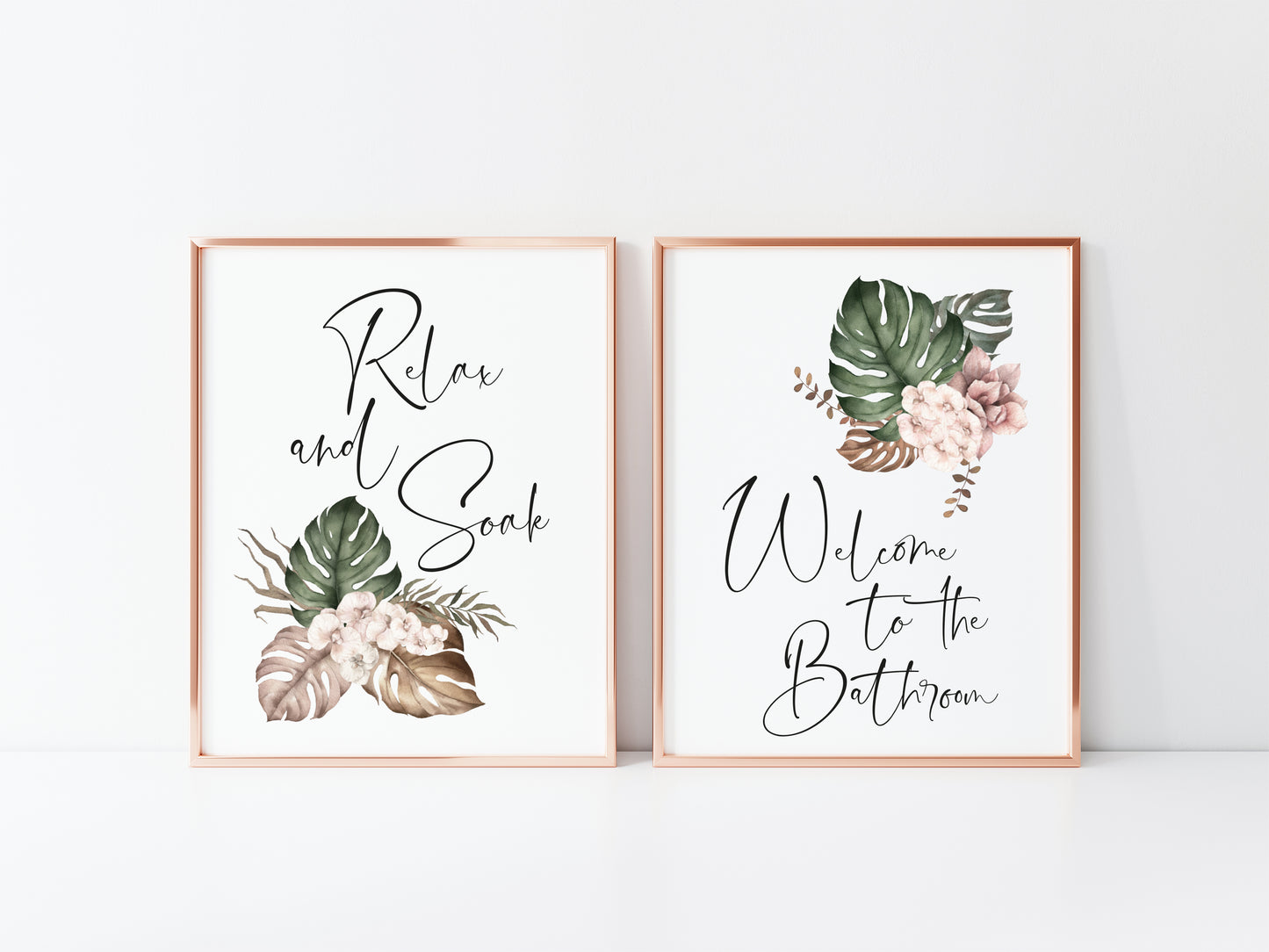 Set of 2 bathroom prints, relax and soak welcome to the bathroom boho bouquet unframed wall art poster prints