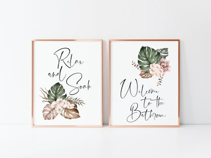 Set of 2 bathroom prints, relax and soak welcome to the bathroom boho bouquet unframed wall art poster prints