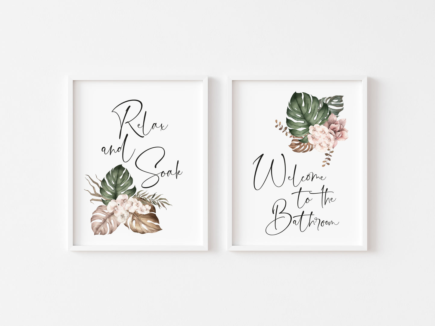 Set of 2 bathroom prints, relax and soak welcome to the bathroom boho bouquet unframed wall art poster prints