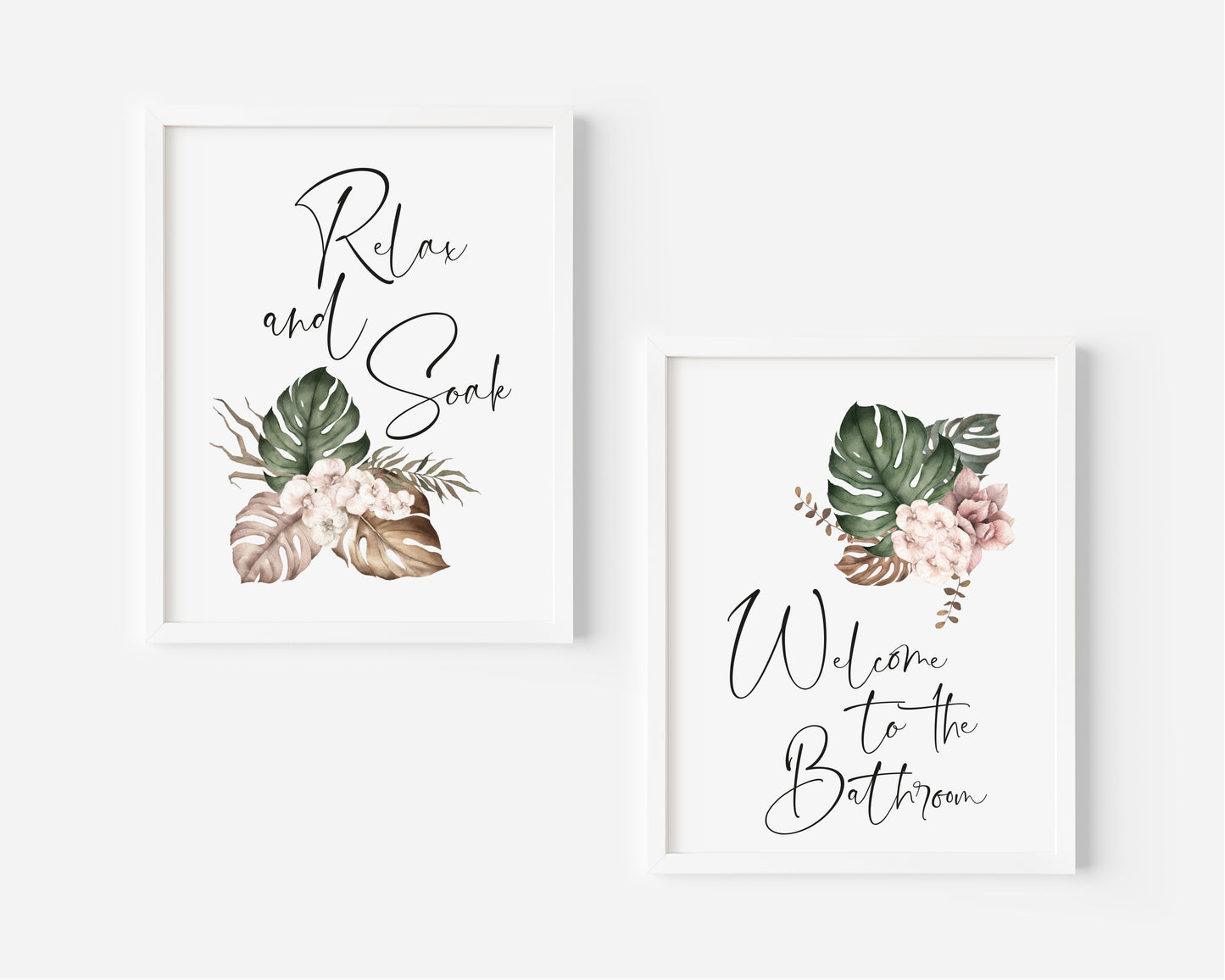 Set of 2 bathroom prints, relax and soak welcome to the bathroom boho bouquet unframed wall art poster prints