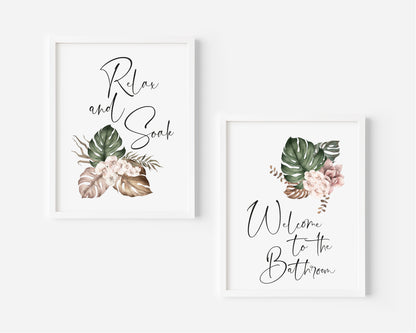 Set of 2 bathroom prints, relax and soak welcome to the bathroom boho bouquet unframed wall art poster prints