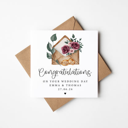 Wedding card,  congratulations Personalised surname date floral Roses & Rings with envelope