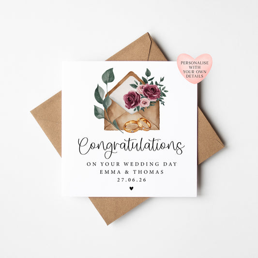 Wedding card,  congratulations Personalised surname date floral Roses & Rings with envelope