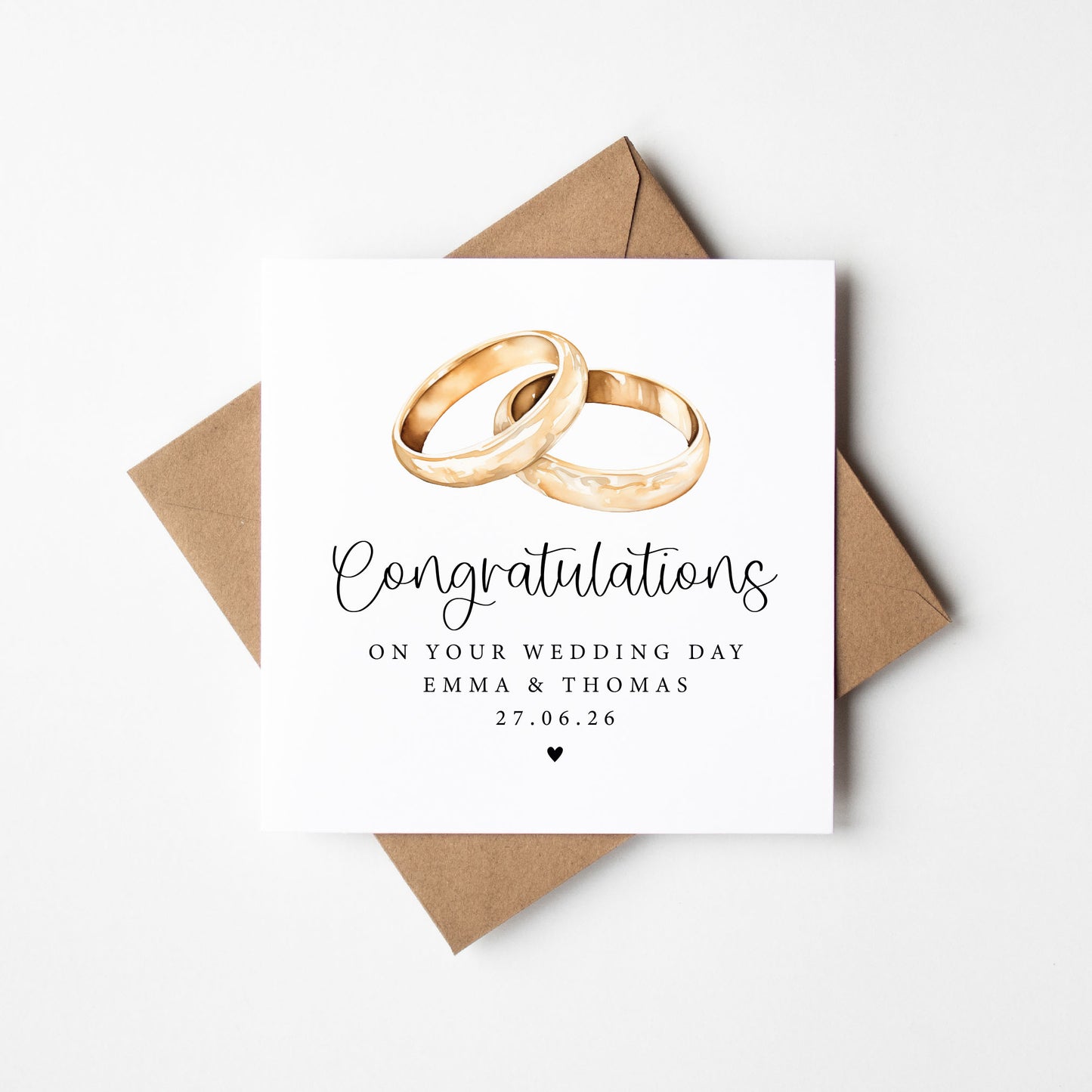 Wedding day card, Personalised with names & date watercolour rings congratulations card with envelope