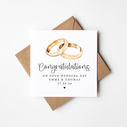 Wedding day card, Personalised with names & date watercolour rings congratulations card with envelope
