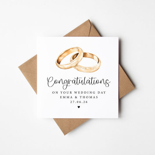 Wedding day card, Personalised with names & date watercolour rings congratulations card with envelope