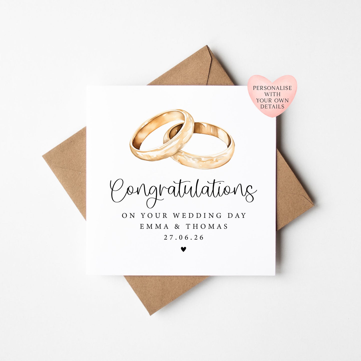 Wedding day card, Personalised with names & date watercolour rings congratulations card with envelope