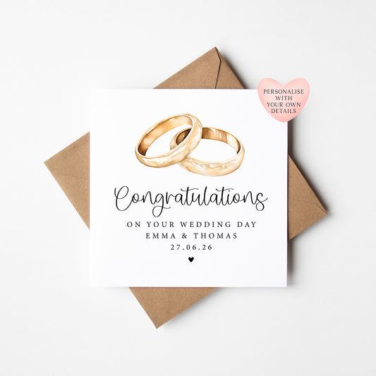 Wedding day card, Personalised with names & date watercolour rings congratulations card with envelope